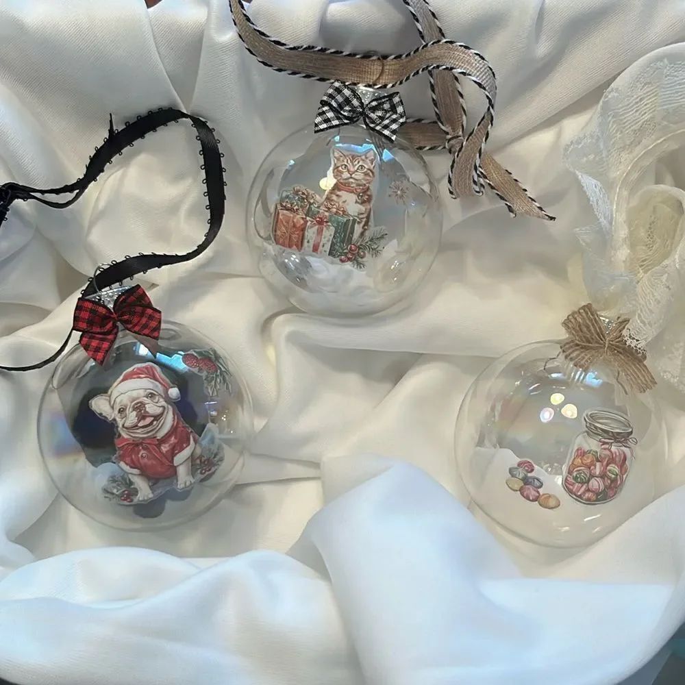 Upcycled Clear Glass Ornaments 3 Different Decor Christmas Balls Dog Cat Candy